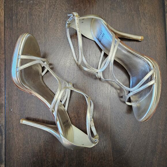 Stuart Weitzman strappy metallic heels womens 7.5 evening party wedding elegant - Picture 2 of 11